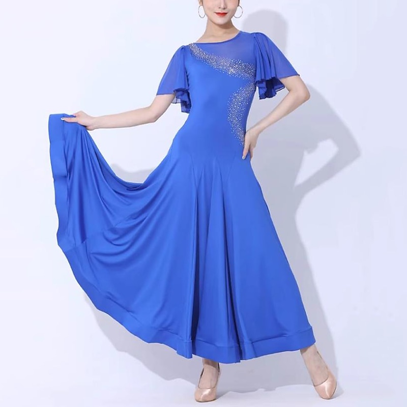 Ballroom Dance Dress Pure Color Splicing Women's Performance Party Short Sleeve Mesh Spandex Milk Fiber3