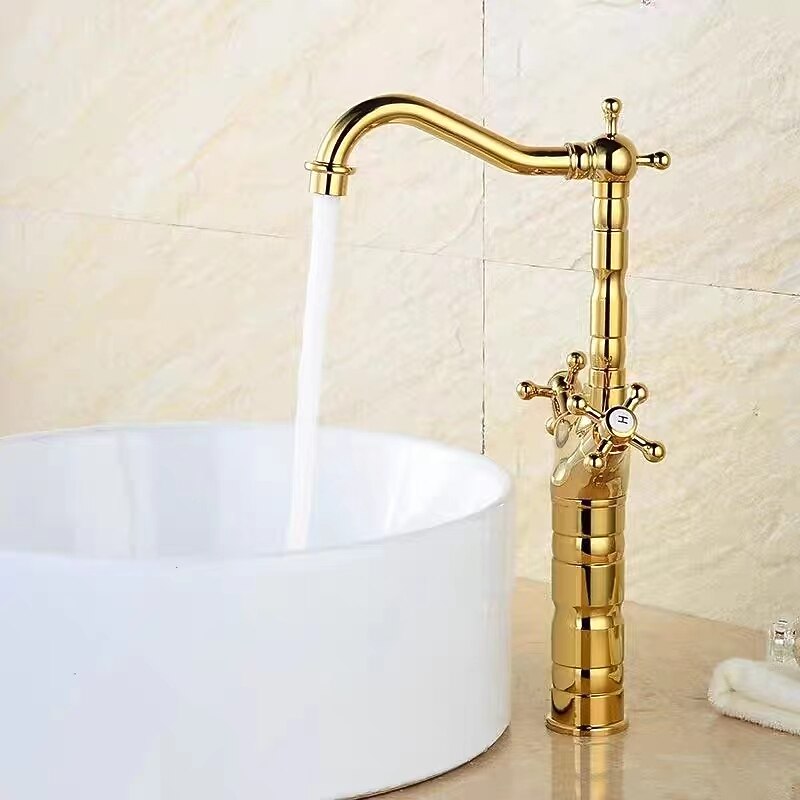 Bathroom Sink Mixer Faucet Short Tall Vessel Basin Taps, Vintage Brass Twin Handle Tap with Cold and Hot Hose2