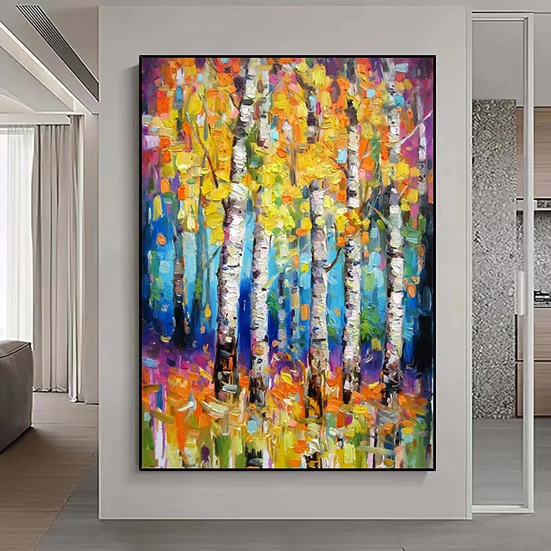Handmade Hand Painted Oil Painting Wall Art Spring Birch Forest Painting On Canvas Modern Texture Green Tree Painting Decor Rolled Canvas No Frame Unstretched2