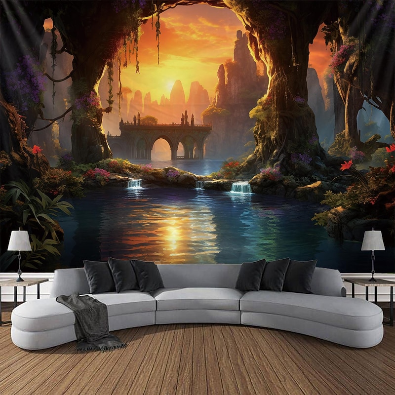 Landscape Cave River Hanging Tapestry Wall Art Large Tapestry Mural Decor Photograph Backdrop Blanket Curtain Home Bedroom Living Room Decoration3