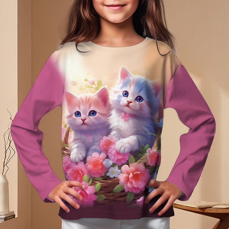Girls' 3D Graphic Cartoon Cat T shirt Tee Long Sleeve 3D Print Fall Winter Active Fashion Cute Polyester Kids 3-12 Years Outdoor Casual Daily Regular Fit
