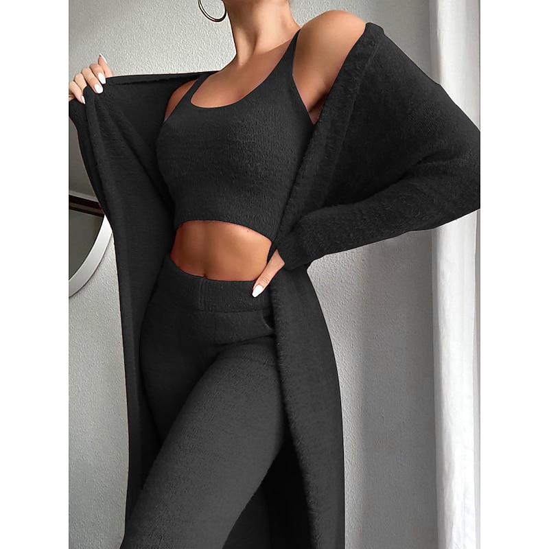 Women's Loungewear Sets 3 Pieces Pure Color Fashion Plush Casual Home Daily Vacation Knit Cotton Blend Warm Breathable Crew Neck Long Sleeve Pant Fall Winter Home Outfits4