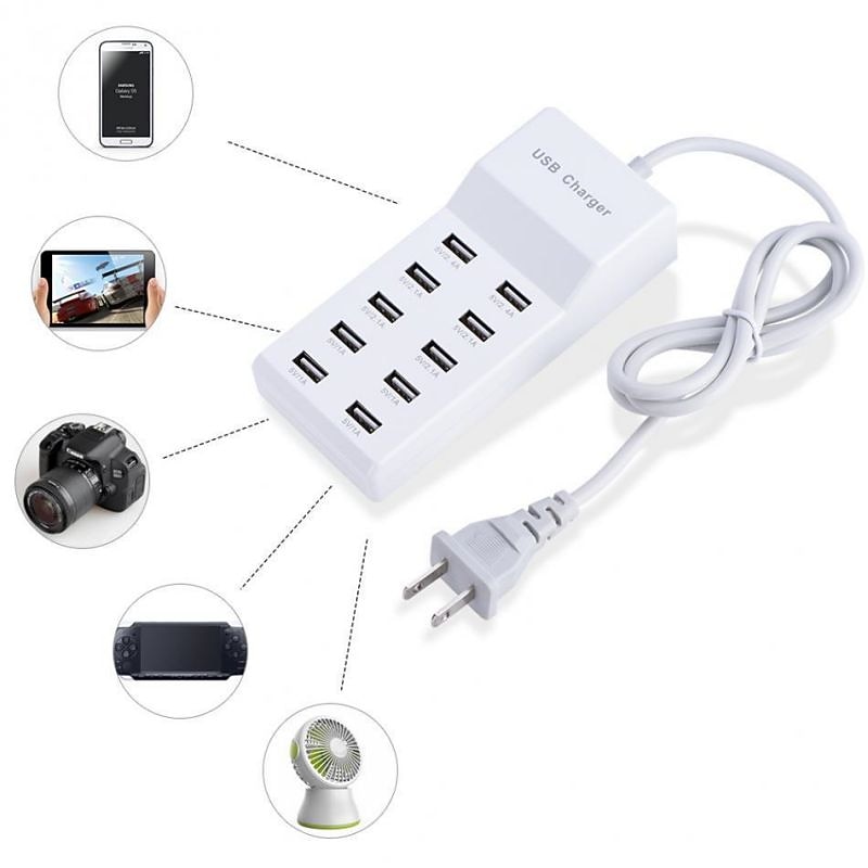 50W USB Charger Power Strip Wall Socket EU US Plug 5V 2.4A High Speed Power Cable 10-bit USB Port Support 10 Devices Charge2