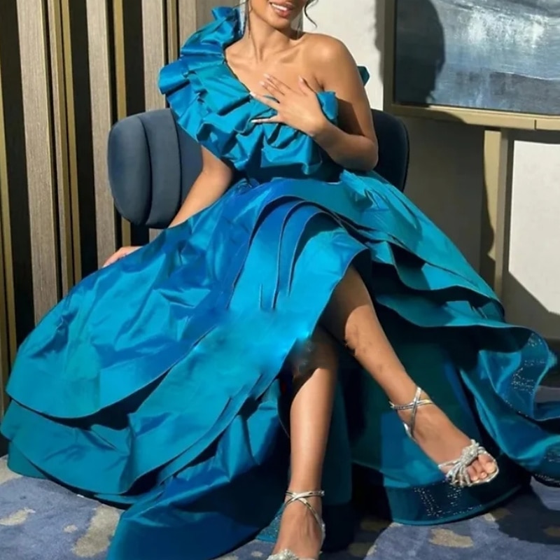 A-Line Evening Gown Elegant Dress Formal Wedding Asymmetrical Sleeveless One Shoulder Satin with Ruffles Slit Masquerade Dress3