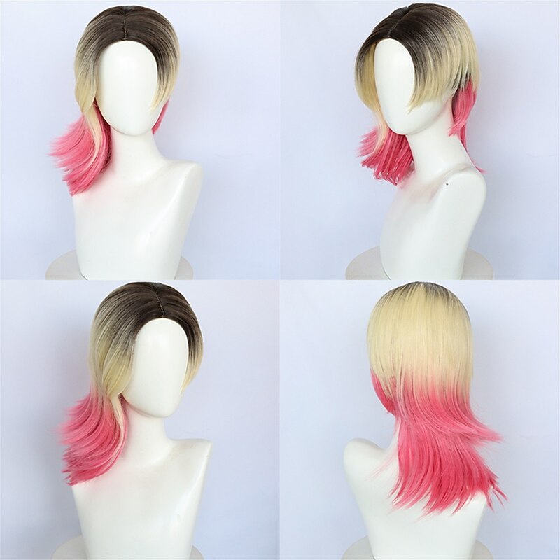 Synthetic Wig Gwen Stacy Straight Asymmetrical Machine Made Wig Short A1 Synthetic Hair Women's Cosplay Soft Fashion Blonde Pink Mixed Color Halloween Wigs2