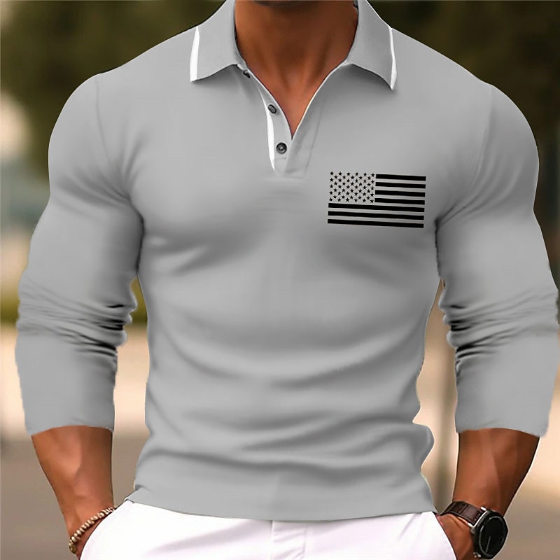 Men's American Flag Veterans Golf Shirt Long Sleeve Polo Shirts Collared Shirts Casual Vacation Wear Party Outfits 3D Print Buttons Fall & Winter Black Pink Green