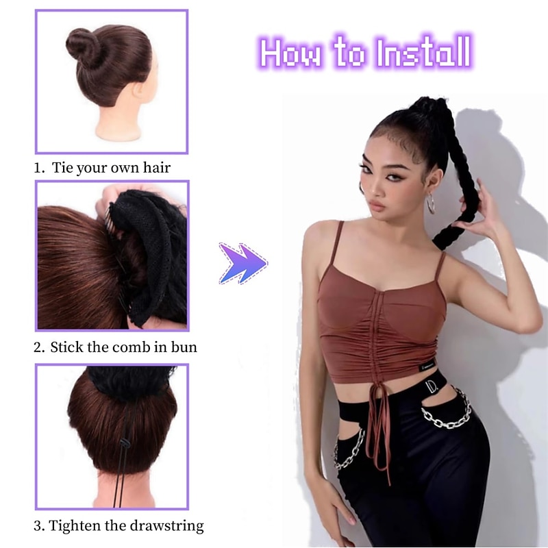 Braided Ponytail Extension 24 Inch Long Braid Ponytail Extension Drawstring Ponytail Clip In Hair Extension Synthetic Braided Ponytail for Women3