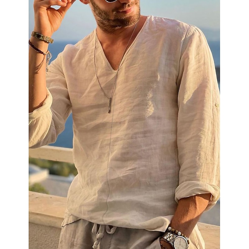 Men's Shirt Linen Shirt Cotton Linen Shirt Summer Shirt Beach Shirt Plain Casual Daily Khaki Long Sleeve V Neck Spring & Summer Clothing Apparel