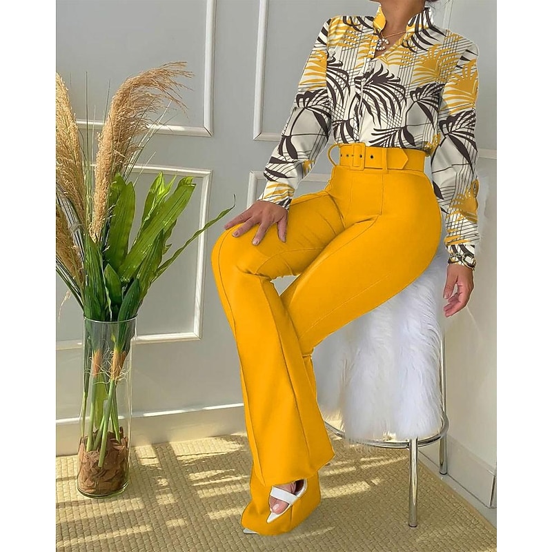 Women's Daily Business Neon & Bright Shirt Office Suit Pants Sets Dress Pants Pants Trousers Long Sleeve Stand Collar Floral Leopard Letter Print Work Daily Black Yellow Pink Fall & Winter Regular Fit