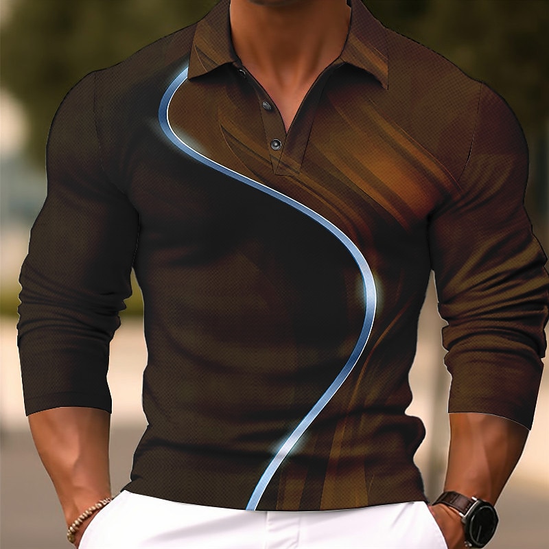 Men's Geometric Polo Shirts Golf Shirt Long Sleeve Polo Shirts Collared Shirts Business Casual WorkWear Formal Wear Festival Wear 3D Print Buttons Fall & Winter Royal Blue Ocean Blue Brown3