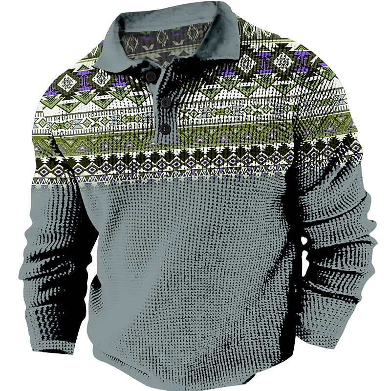 Men's Tribal Waffle Polo Shirts Golf Shirt Long Sleeve Polo Shirts Collared Shirts Vintage Casual Vacation Wear Party Outfits Buttons 3D Print Fall & Winter Blue Purple Green3