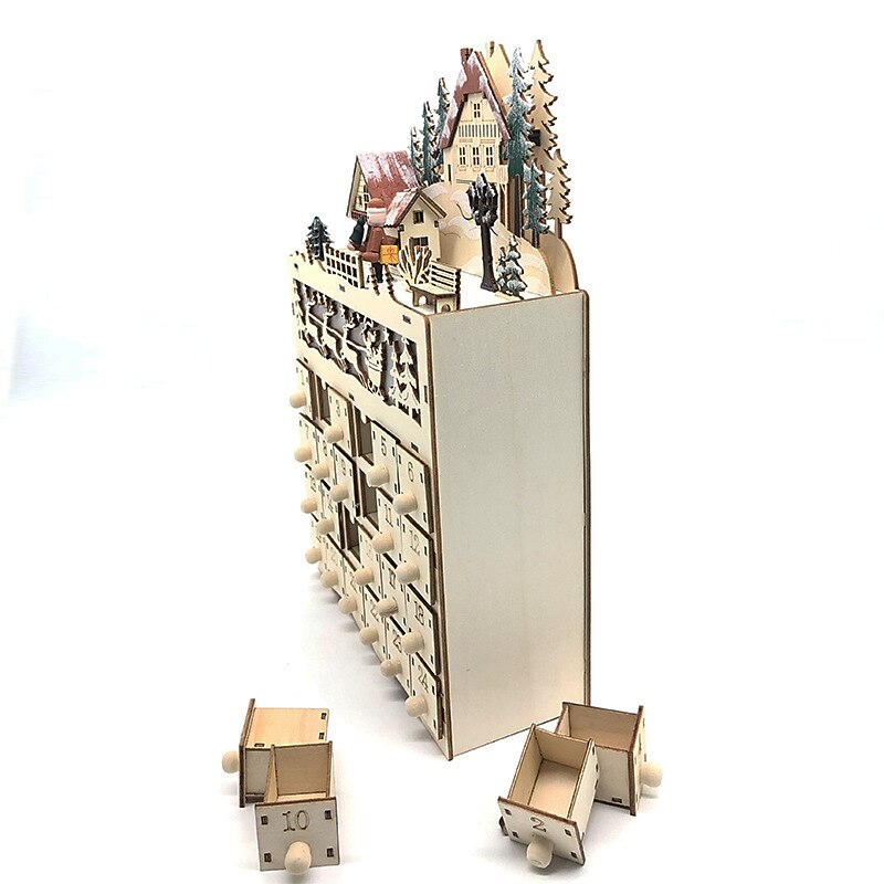 Wooden Advent Calendar with 24 Drawers DIY Christmas Calendar with LED Lighting Gift for Children4
