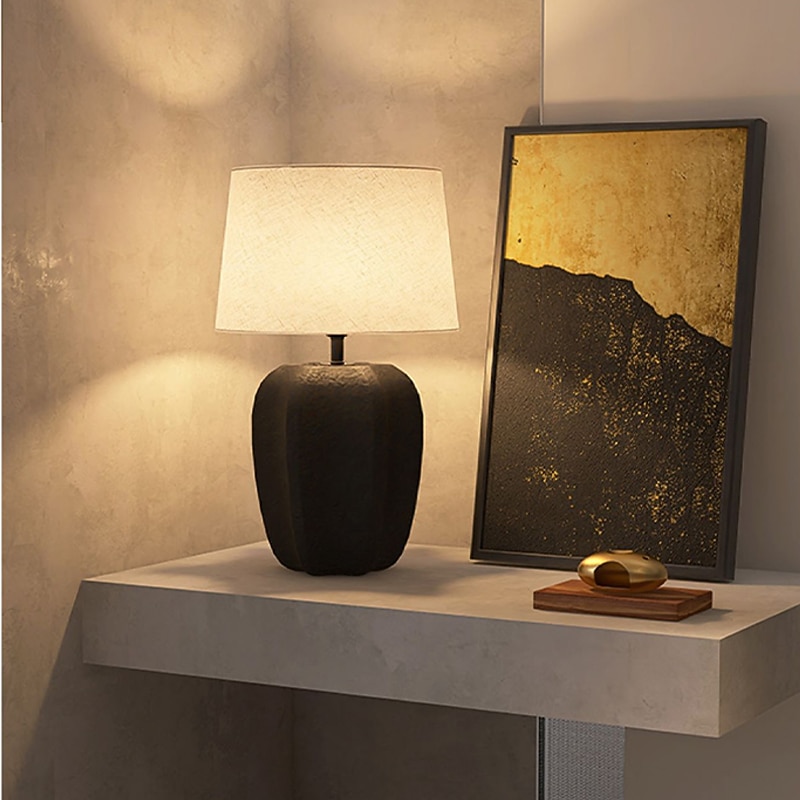 Bedside Lamp Table Lamp, Modern Retro Ceramic Tall Table Lamp 1 PCS with Beige Fabric Drum Shade Nightstand Lamp for Bedside Bedroom Living Room Kids Room College Home 85-265V4