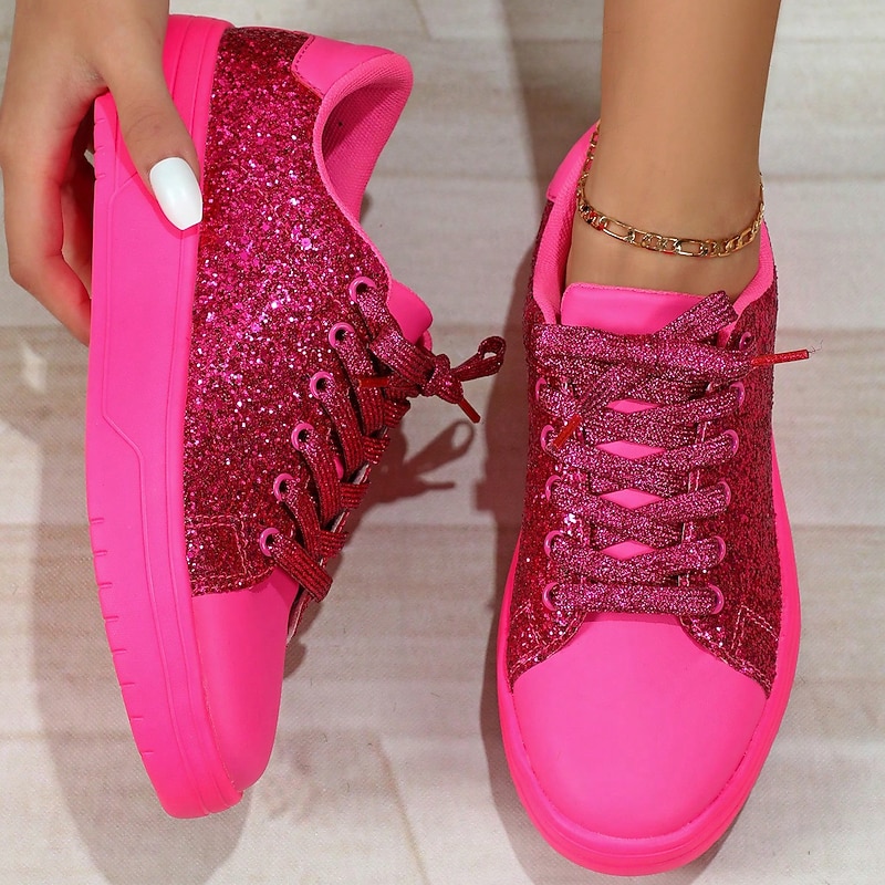 Women's Sneakers Flats Pink Shoes Plus Size Fantasy Shoes Party Daily Solid Color Lace-up Flat Heel Round Toe Fashion Casual PU Black Rose Red