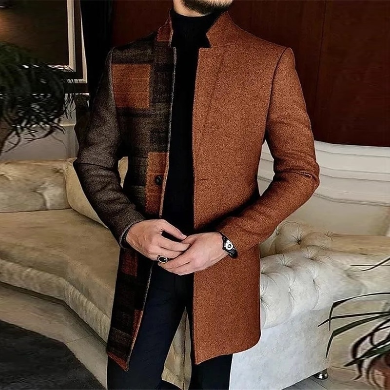 Men's Plaid Argyle Graffiti Winter Coat Overcoat Coat Warm Comfortable Breathable Fashion Streetwear Business Work Wear to work Going out Pocket Print Fall & Winter Turndown Long Sleeve Black White2