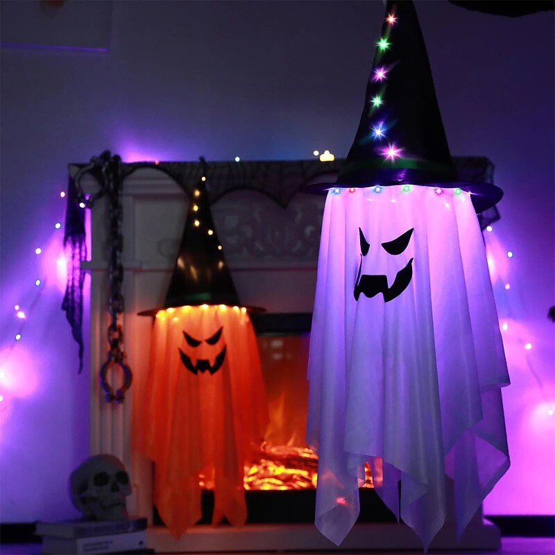 Halloween Decorations Flying Witch Hats Lighted Ghost Hanging LED Lights Bar Halloween Party Supplies Dress Up Glowing Wizard Ghost Lamp4