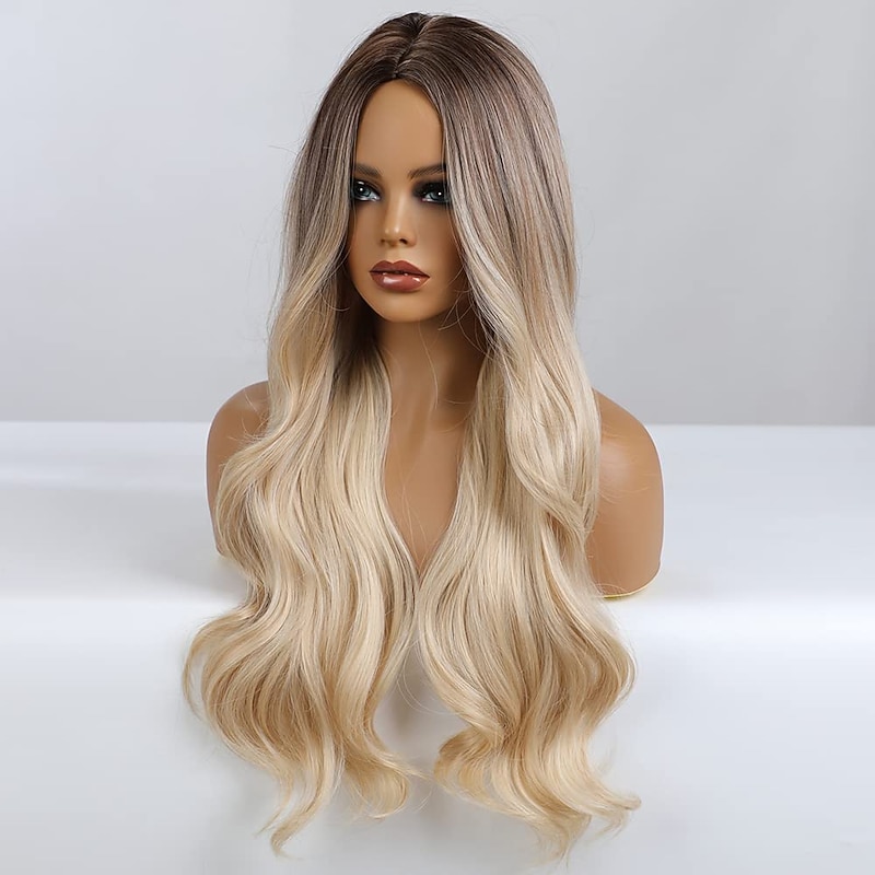 Blonde Brown Wavy Body Wave Full Wig Hair for Women Lady Girl Middle Part 26 inches Heat Resistant Synthetic Natural Looking Wig Daily Any Time Cosplay Party2