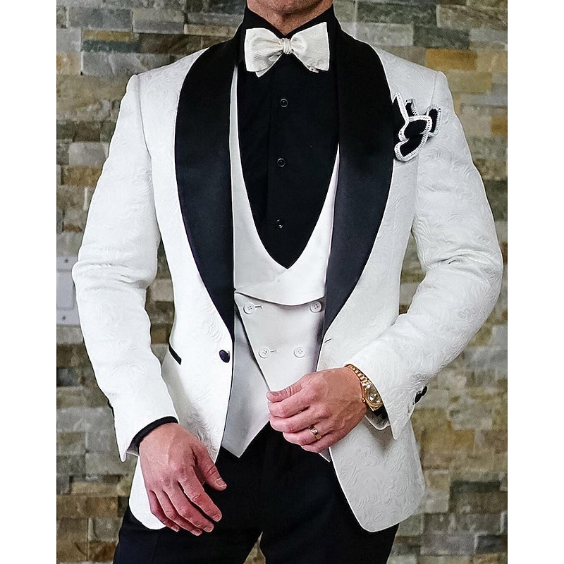Men's Wedding Prom Suits Shawl Collar White Jacquard Floral Tailored Fit 3 Piece Single Breasted One-button