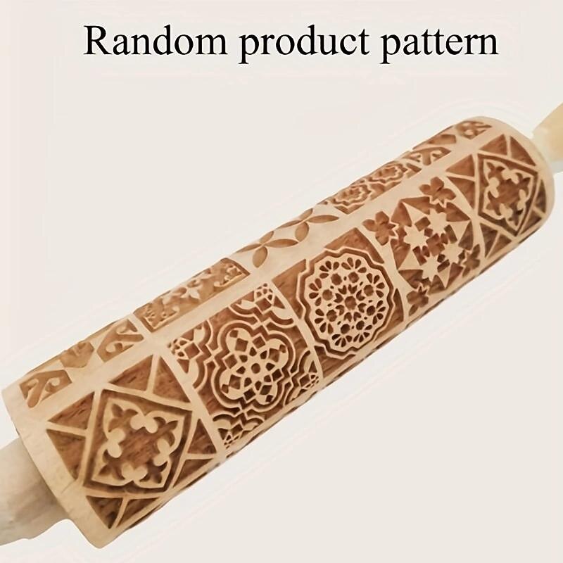 Embossing Rolling Pin (13.77''x1.77''), Wooden Rolling Pin, Square Flower Pattern Dough Roller, For Pizza, Pie, Cookies, Dumplings, Noodles, And More, Kitchen Utensils, Kitchen Gadgets, Kitchen Accessories, Home Kitchen Items4