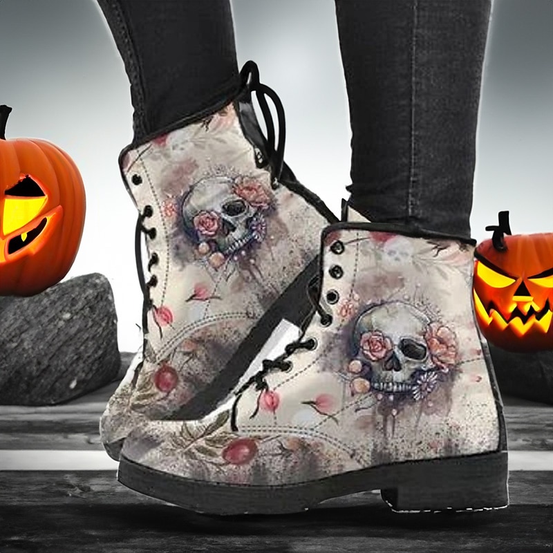 Women's Halloween Skull Print Combat Boots - Gothic Style Lace-Up Ankle Boots for Spooky Season