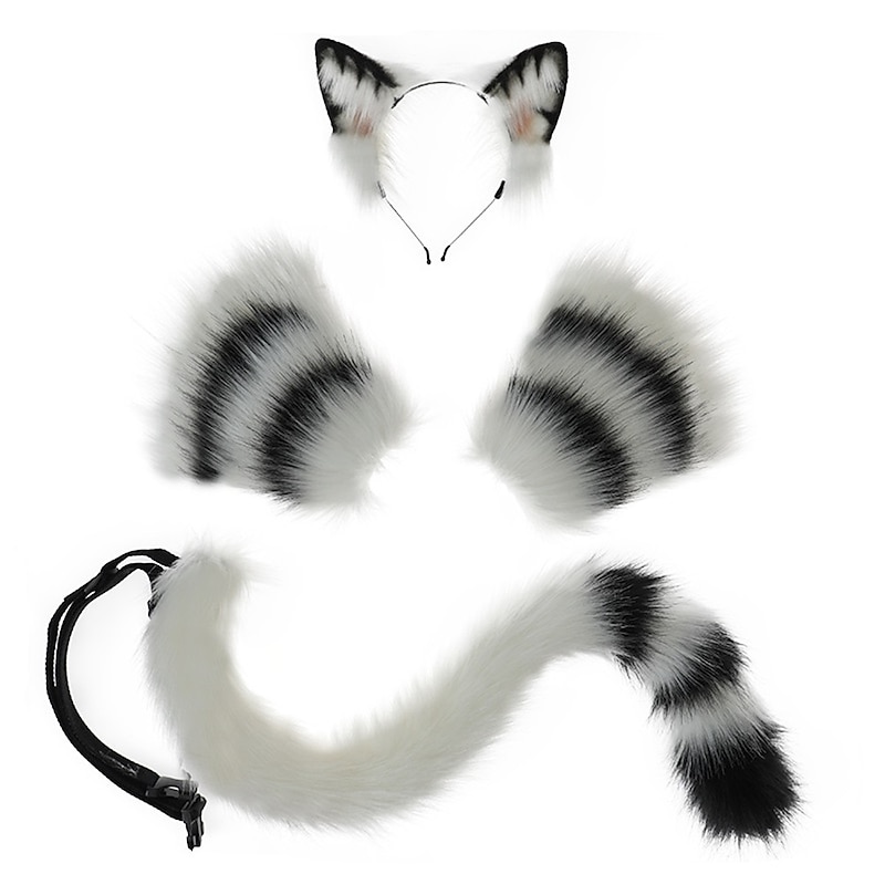 Cute Plush Beast Ear Headwear Open Finger Gloves Beast Tail Cosplay Prop Accessories Hair Accessories Cat Tail Set4