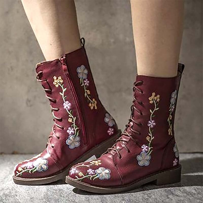 Women's Vintage Floral Embroidered Lace-Up Ankle Boots - Bohemian Style Leather Boots with Side Zipper for Fall and Winter4