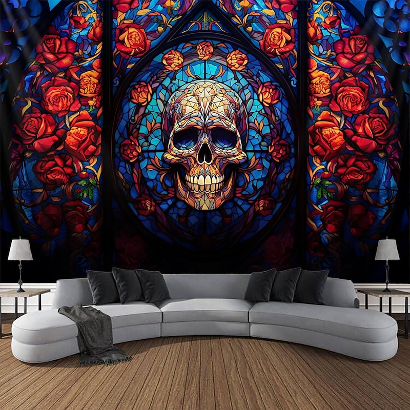 Halloween Hanging Tapestry Day of Dead Skull Wall Art Large Tapestry Mural Decor Photograph Backdrop Blanket Curtain Home Bedroom Living Room Decoration Stained Glass  Decorations