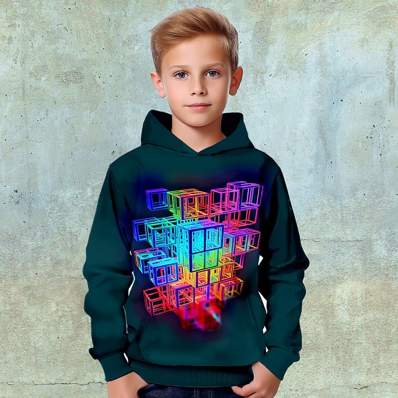 Boys 3D Graphic Geometric Color Block Hoodie Long Sleeve 3D Print Spring Fall Winter Fashion Streetwear Cool Kids 3-12 Years Outdoor Casual Daily Regular Fit