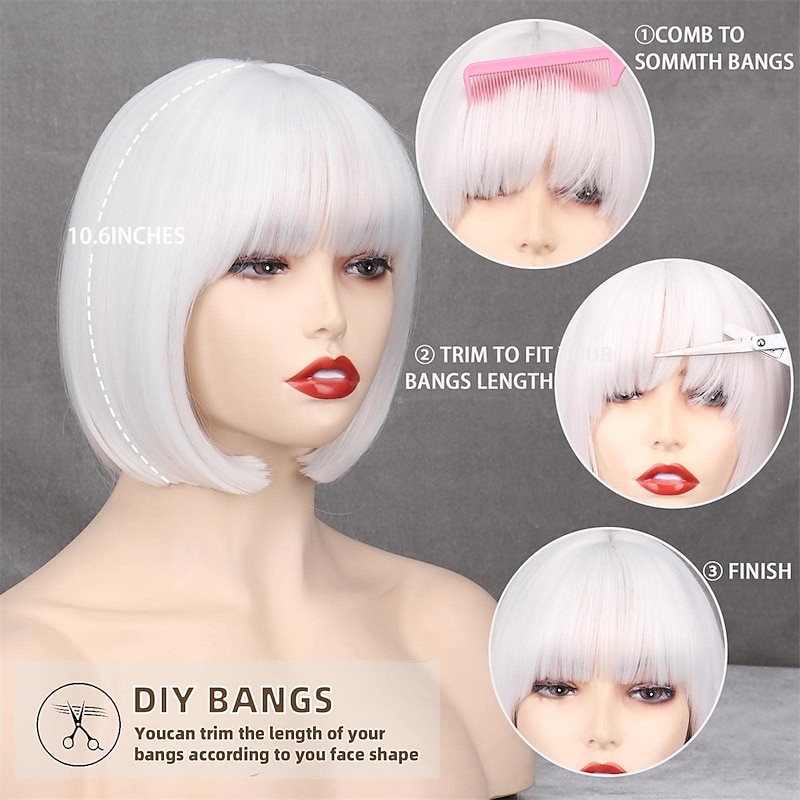 Short White Bob Wig Bangs Straight White Wig for Women Natural Synthetic Short White Wig Bangs for Daily Party Cosplay Halloween4