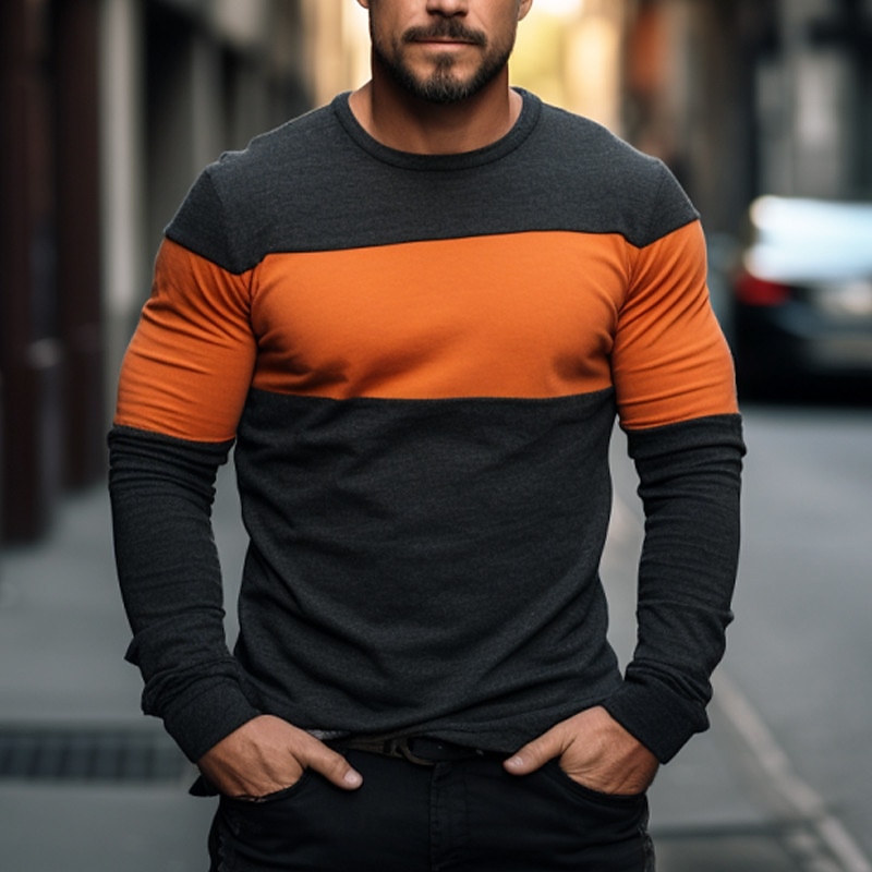 Men's T Shirt Tee Top Long Sleeve Shirt Long Sleeve Crew Neck Spring &  Fall Color Block Fashion Designer Basic Patchwork Vacation Street Going out Black Red Light Grey Top Tee for Men