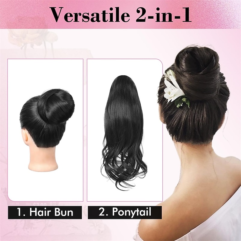 Messy Hair Bun Top Knot Clip in Bun Fake Hair Bun Ponytail Extension 12 Inch Synthetic Chignon Updo Hairpiece for Women Black2