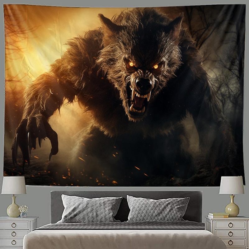 Halloween Wolf Animal Hanging Tapestry Wall Art Large Tapestry Mural Decor Photograph Backdrop Blanket Curtain Home Bedroom Living Room Decoration3