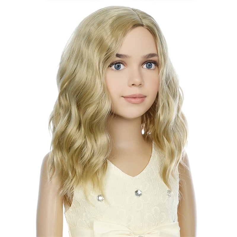 Blonde Wig Kids Child Wig Short Wavy Wig Ash Blonde Wig Mixed Blonde Wig for Gilrs Cosplay Party Heat Resistant Blonde Synthetic Hair Wig Halloween Wigs