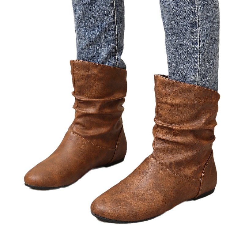 Women's Brown Slouch Mid - Calf Boots, Faux Leather Flat Heel for Versatile Everyday Casual Wear, Comfortable All - Day Style3