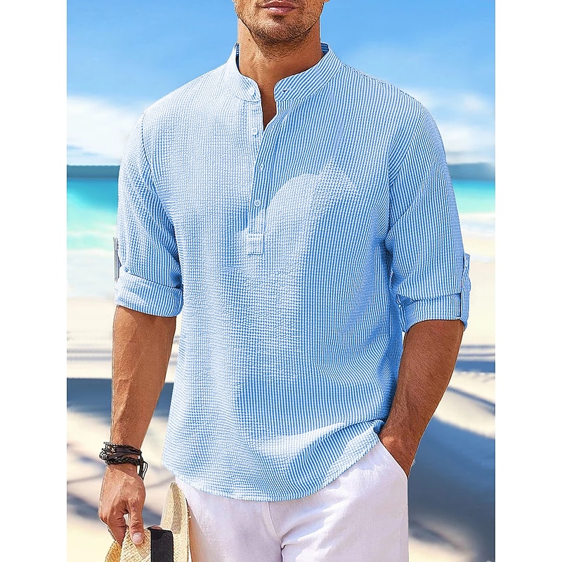 Men's Shirt Popover Shirt Summer Shirt Beach Wear Casual Shirt Band Collar Shirt White Blue Light Grey Dark Gray Long Sleeve Plain Henley Daily Vacation Clothing Apparel Cotton Blend Fashion Casual