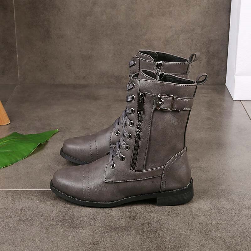 Women's Black Combat Boots with Lace-Up and Side Zipper, Military-Inspired Mid-Calf Boots for Casual Streetwear, Outdoor Walking and Motorcycle Riding4