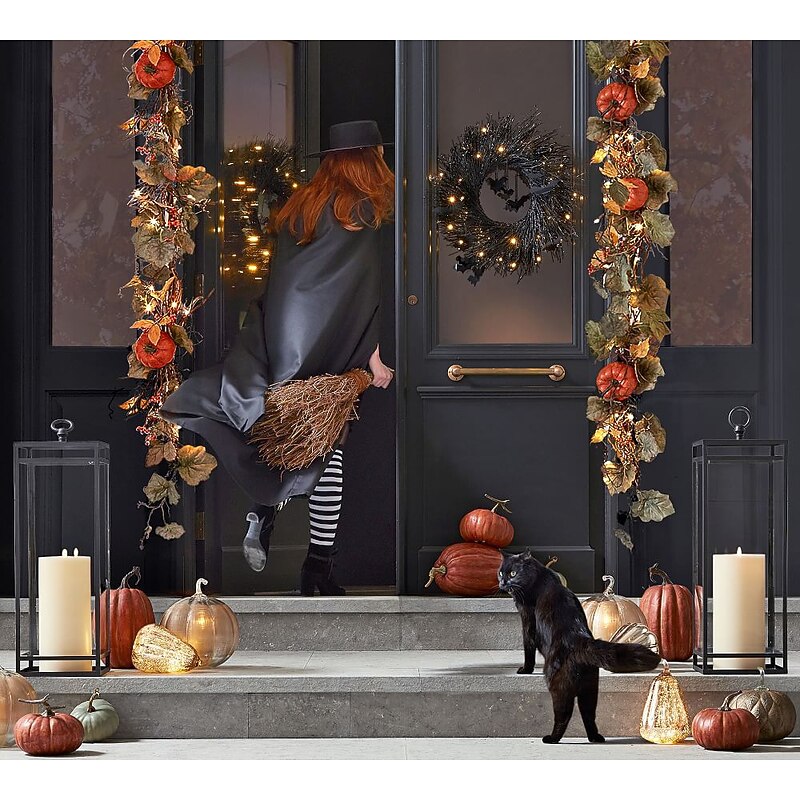 Halloween Wreath with Lights, Lighted Garland, Halloween Wreaths for Front Door,Black Bat for Front Door Outdoor Decorations Spooky Glitter Home Party Props Decor2