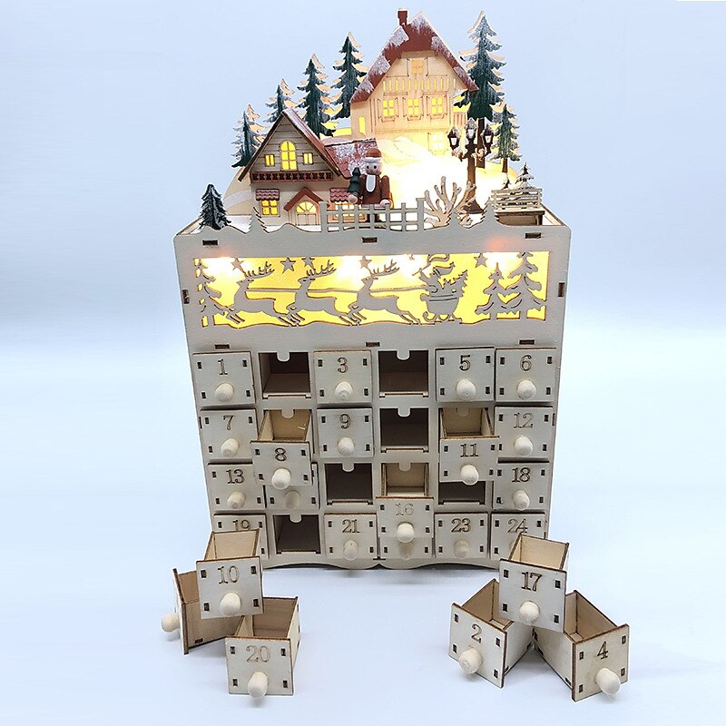 Wooden Advent Calendar with 24 Drawers DIY Christmas Calendar with LED Lighting Gift for Children2