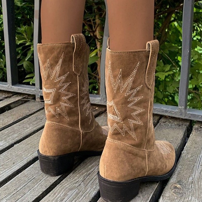 Women's Vintage Suede Cowboy Boots - Comfortable Western Style Mid-Calf Boots for Outdoor and Casual Wear3