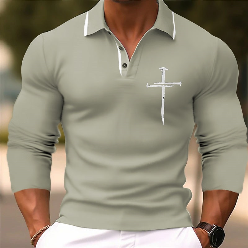 Men's Christian Polo Shirts Golf Shirt Long Sleeve Polo Shirts Collared Shirts Business Casual WorkWear Formal Wear Festival Wear 3D Print Buttons Fall & Winter Black Blue Green3
