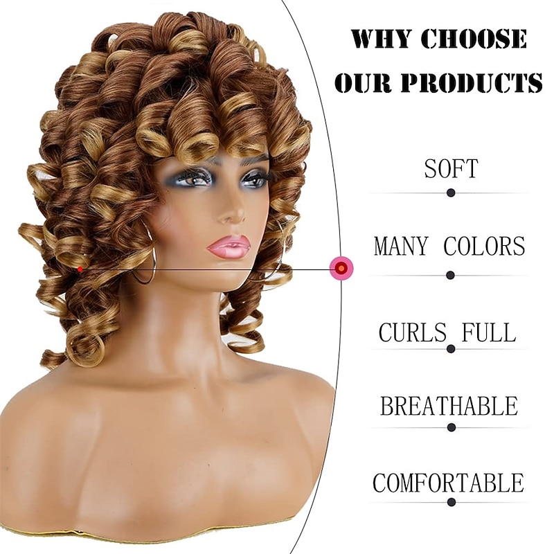 Short Curly Wigs for Black Women Soft Brown Blonde Big Curly Wig with Bangs Afro Kinky Curls Heat Resistant Daily Synthetic Wig for African American Women3