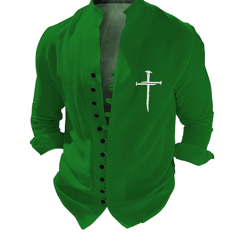 Men's Cross Shirt Button Up Shirt Short Sleeve Fashion Streetwear Designer Outdoor Vacation Daily Summer Spring Stand Collar Print Black White Green Khaki2