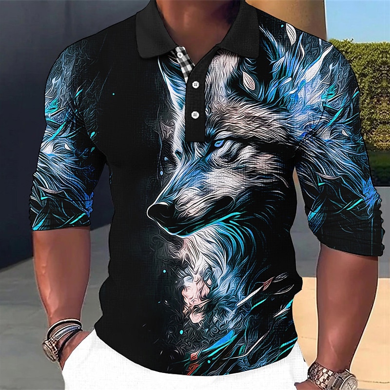 Men's Wolf Polo Shirts Golf Shirt Long Sleeve Polo Shirts Collared Shirts Casual Funny Vacation Wear Party Outfits 3D Print Buttons Fall & Winter Red Blue Green2