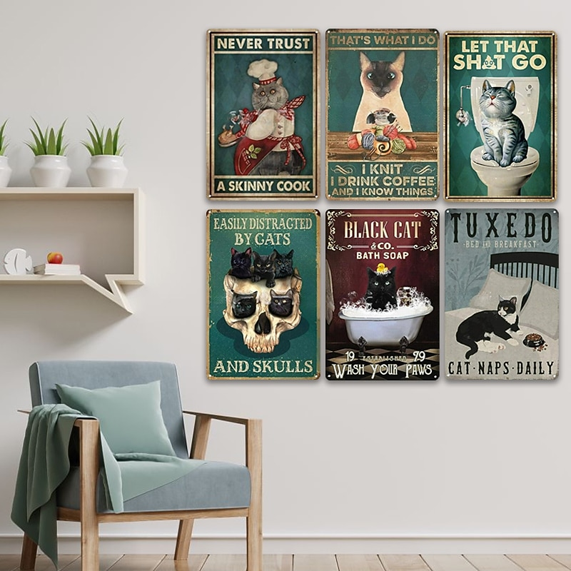 1pc Retro Metal Tin Sign Cute Cat Tin Sign Vintage Kitchen Signs Wall Decor, Painting Wall Hanging for Home Decor Wall Art Metal Tin Sign 20x30cm/8''x12''3