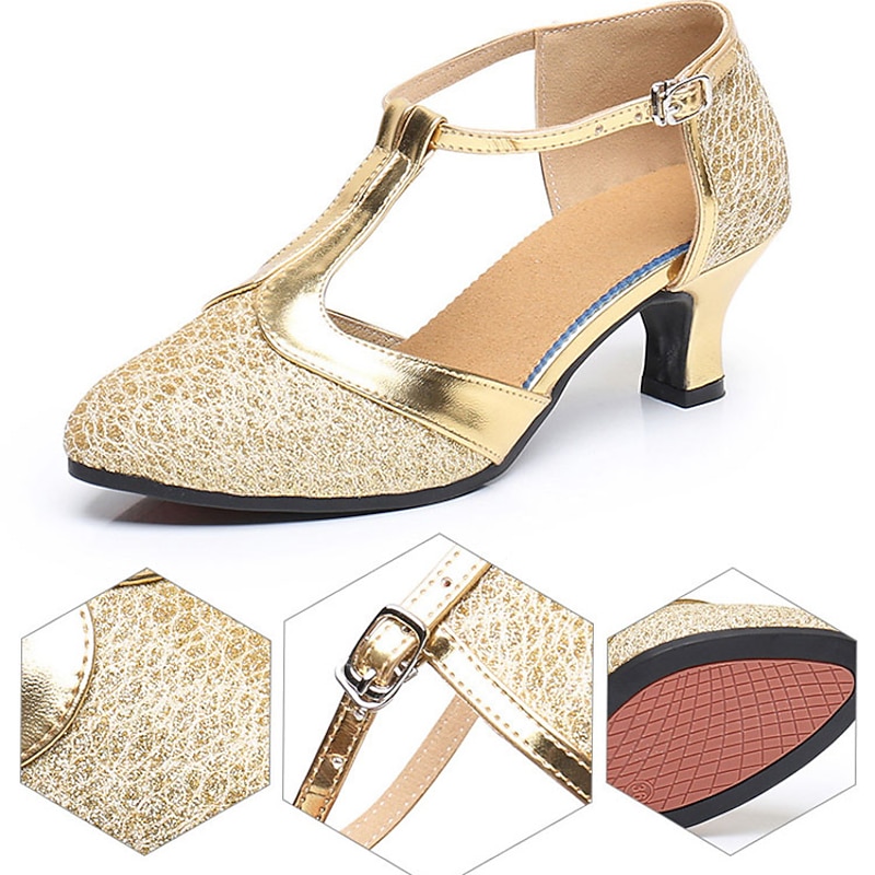 Women's Gold Glitter T-Strap Dance Shoes, Low Heel and Mid Heel Ballroom Latin Performance Heels for Salsa and Tango4