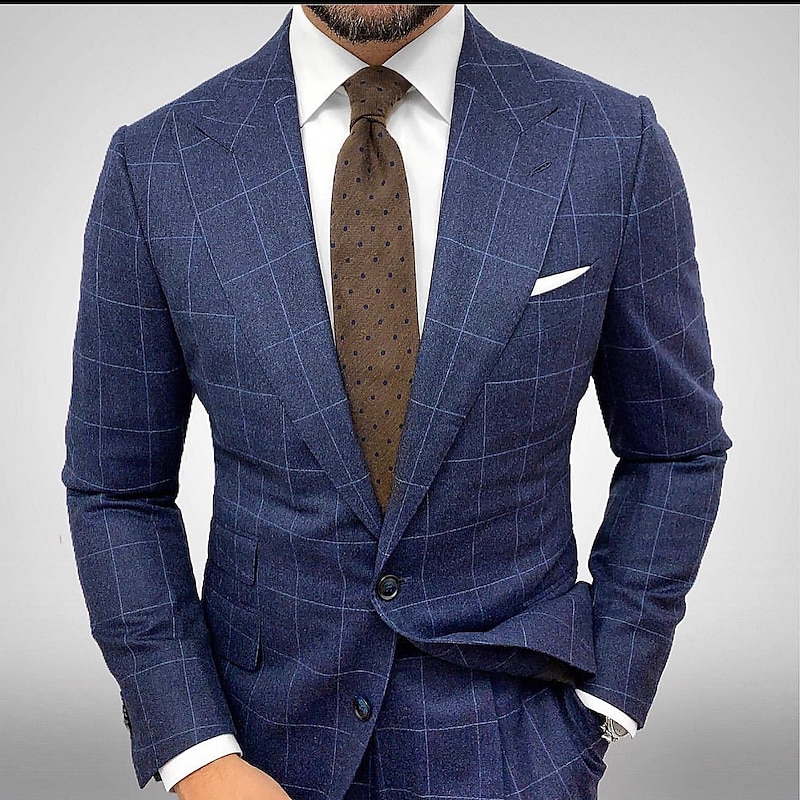 Men's Blazer Jacket Sport Coat Closure collar Outdoor Casual Checkered Windowpane Plaid Red Blue Tailored Fit Single Breasted Two-buttons2