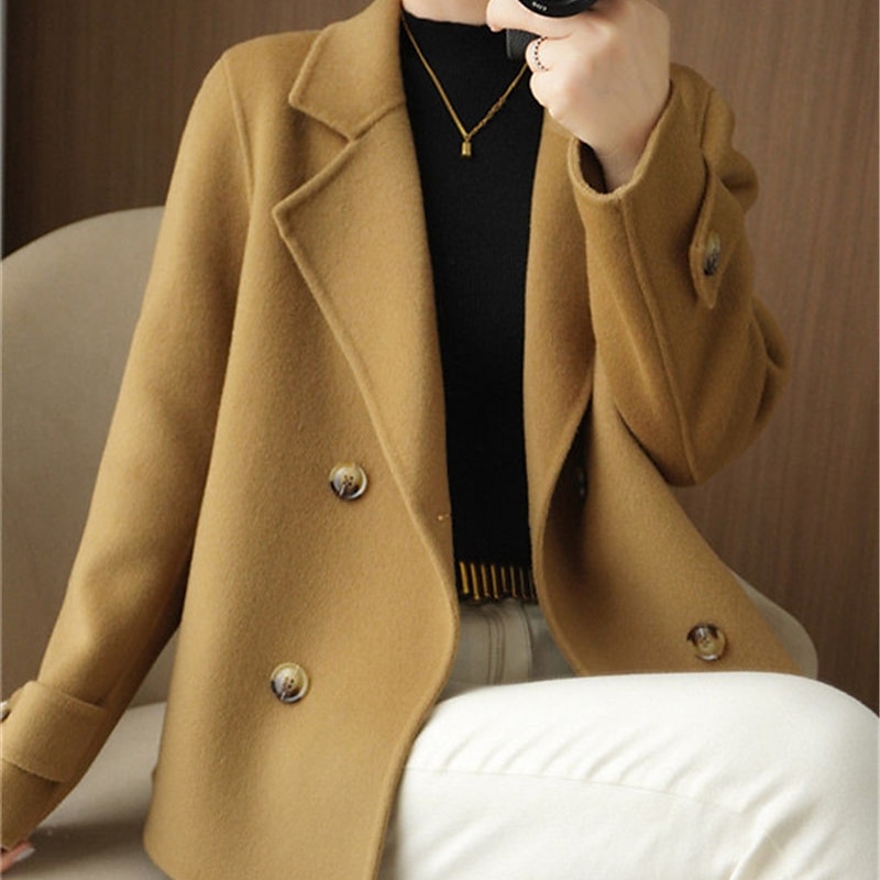 Women's Winter Blazer Coat Fall Double Breasted Lapel Jacket Wool Blend Short Coat with Pockets Warm Black White Camel4