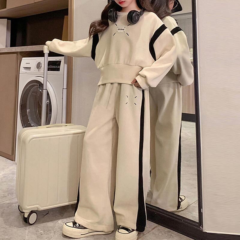 2 Pieces Kids Girls' Stripe Pocket Hoodie & Sweatpants Set Set Long Sleeve Active Training Cotton 7-13 Years Fall Black White4