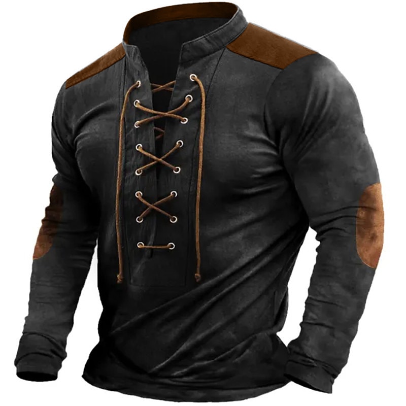 Men's Henley Shirt Tee Top Long Sleeve Henley Summer Patchwork Fashion Designer Basic Lace up Vacation Street Going out Black Blue Brown Top Tee for Men4