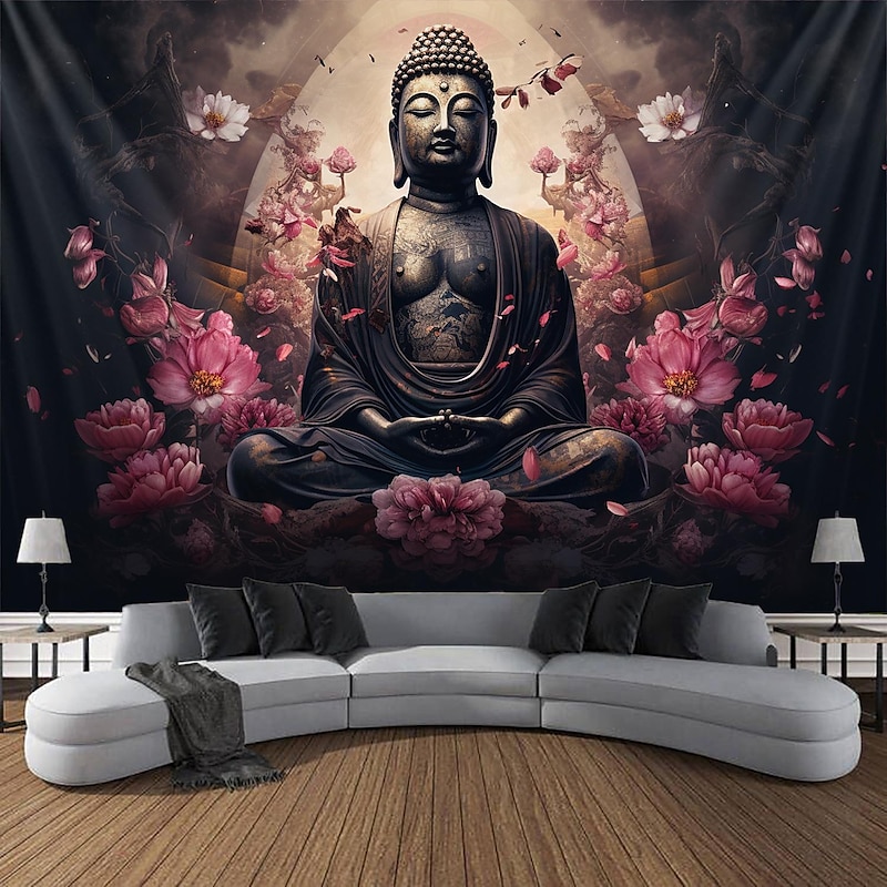 L.T.HOME Buddha Bohemian Hanging Tapestry Wall Art Large Tapestry Mural Decor Photograph Backdrop Blanket Curtain Home Bedroom Living Room Decoration Lotus